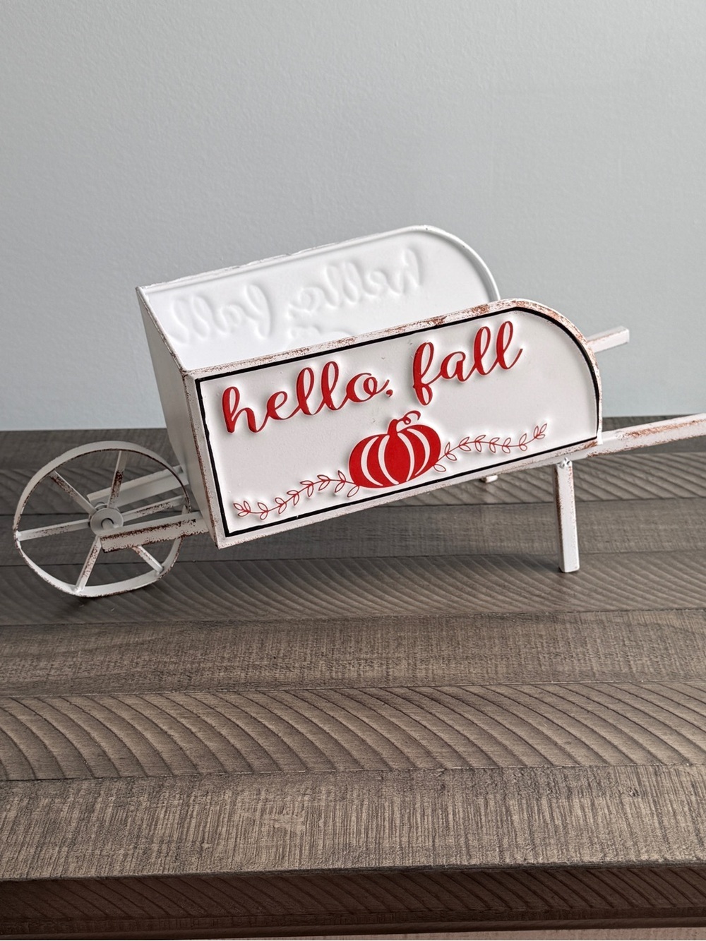 Fall Decor - Hello Fall Wheelbarrow Decor, Fall Metal Wheelbarrow Centerpiece